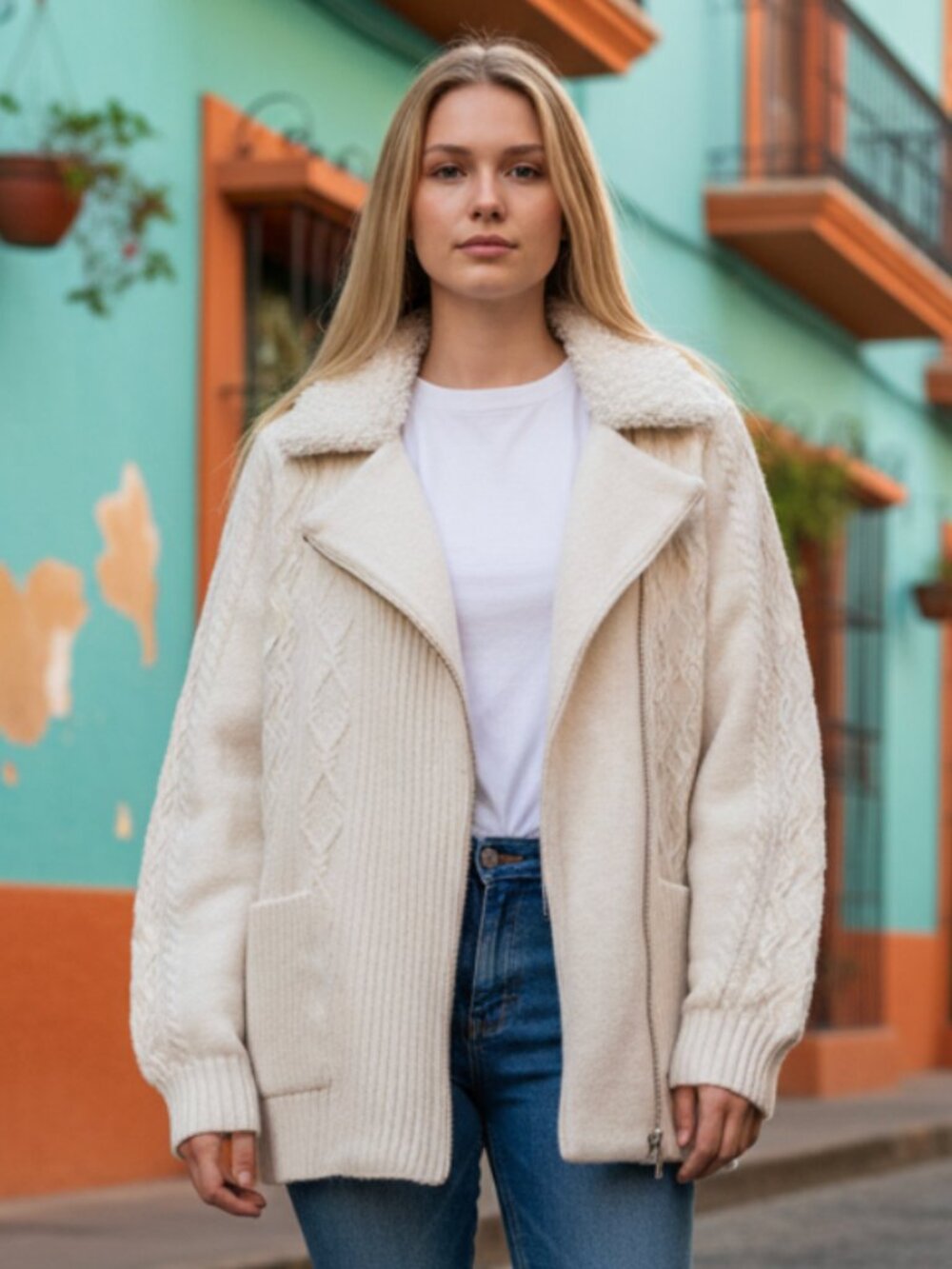 NWOT CHICO'S Fur Trim Moto Cardigan Women's Size XXL English Cream 570401180